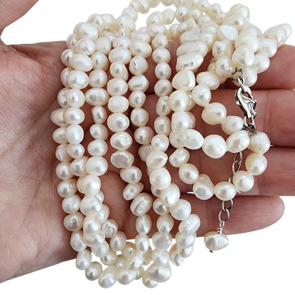 Pearl necklace multi strand genuine pearls 925 sterling silver clasp  A0387 Q7